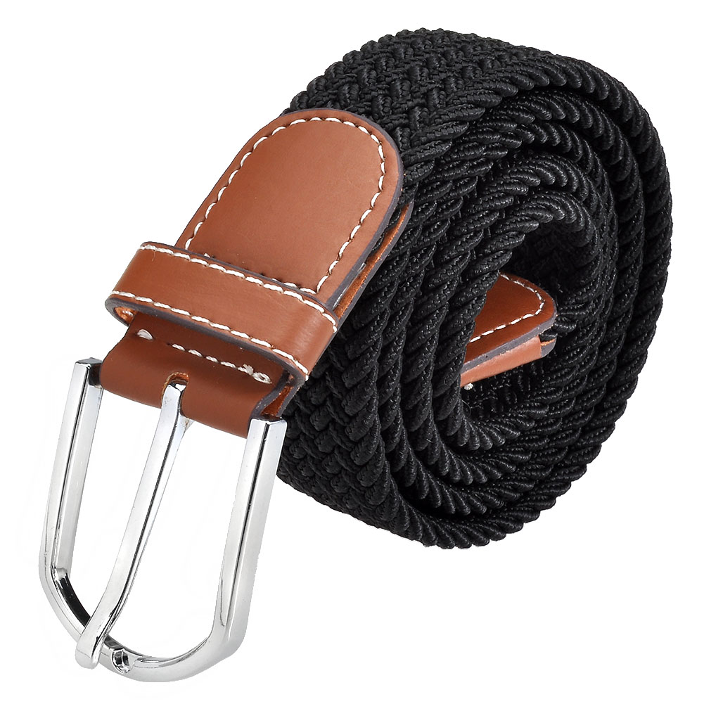 Ayliss Men's Elastic Fabric Woven Stretch Belt Leather Inlay Black