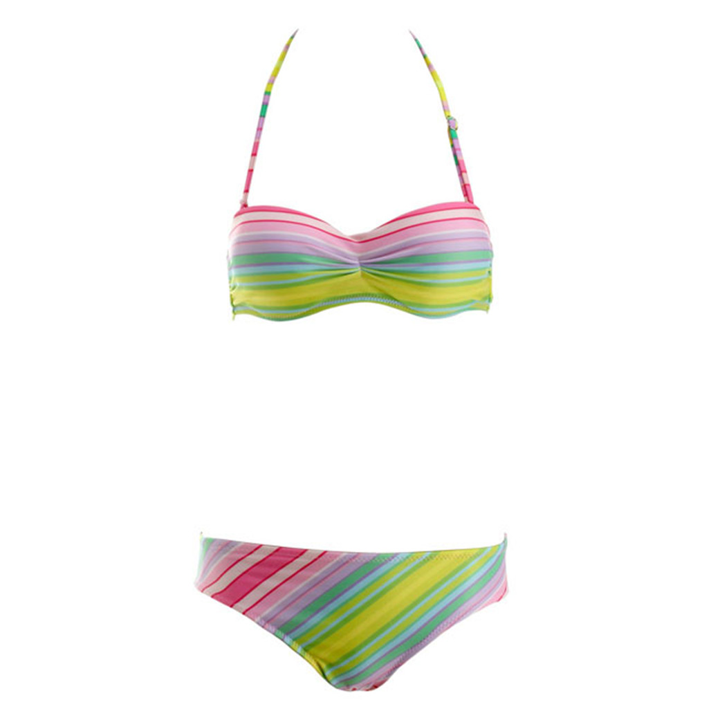 Ayliss Sweet Rainbow Stripes Halter Push Up Padded Wire Bikini Set Swimsuit